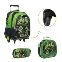 Kit Bolsa Mochila Escolar Masculina Hulk Rodinha Passeio