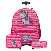 Kit Bolsa Mochila Escolar Menina Unicórnio Rodas Passeio