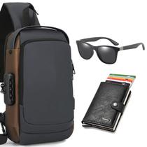 Kit Bolsa Ombro Usb + Óculos De Sol Polarizado com Proteção Uv + Carteira com Sitema Pop-up