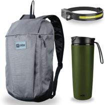 Kit Bolsa para Caminhada Cinza Ntk Ioio + Lanterna de Cabeca com Sensor + Copo Aco Inox Antiqueda