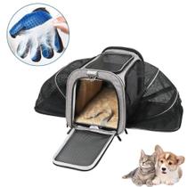 Kit Bolsa Pet Expansivel Transporte Viagem Cachorros e Gatos Cinza + Luva Tira Pelos Magnética