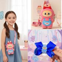 Kit Bolsa Silicone alça transversal Fofa Bolsinha Labubu porta moedas Chaves Acessórios + Laço de cabelo Presilha menina