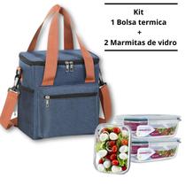 Kit Bolsa Termica Azul Alça e Ziper Resistente com 2 Marmita de Vidro 640 ML Hermetica