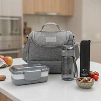 Kit Bolsa Térmica Lancheira Marmita 2 Divisórias Garrafa Squeeze Água e Porta Talheres Garfo Colher