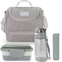 Kit Bolsa Térmica Lancheira Marmita 2 Divisórias Garrafa Squeeze Água e Porta Talheres Garfo Colher