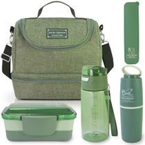 Kit Bolsa Térmica Lancheira Marmita 2 Divisórias Garrafa Squeeze Água Porta Escova de Dentes e Porta Talheres