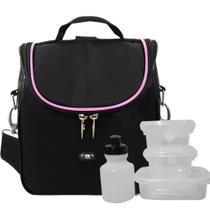 Kit Bolsa Térmica Rosa Lancheira Feminina com Potes e Garrafinha Bolachas Sucos Mochilinha Escolar