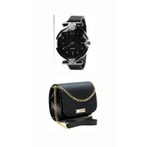 Kit Bolsa Transversal Ombro Fashion Feminina Passeio + Relógio Quartz