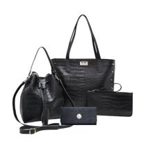 Kit Bolsa Willibags Feminina Grande Croco + Bolsa Sacola Tiracolo Com Nécessaire e Carteira