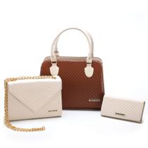 Kit Bolsas bicolor mais carteira Metalassê, com alça transversal Creme/Marrom Kit Bolsas bicolor mais carteira Metalassê, com alça transversal Creme/Marrom
