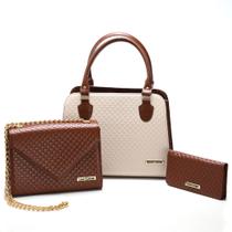 Kit Bolsas bicolor mais carteira Metalassê, com alça transversal Marrom/Creme