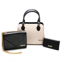 Kit Bolsas bicolor mais carteira Metalassê, com alça transversal Preto/Creme Kit Bolsas bicolor mais carteira Metalassê, com alça transversal Preto/Creme