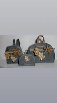 Kit bolsas de maternidade personalizadas linho cinza com bege