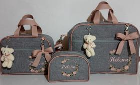 Kit bolsas de maternidade personalizadas linho cinza com Rosê - Tudo chique bordados
