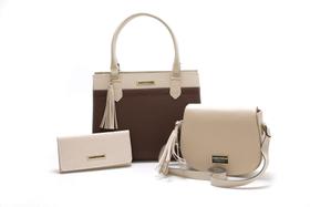 Kit Bolsas Feminina Bicolor Com Carteira Santorini Handbag Tricê Creme/Marrom.