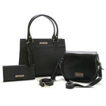Kit Bolsas Feminina Com Carteira Santorini Handbag Tricê Preto