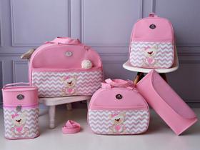 Kit Bolsas Mala Maternidade Menina Ursinha Princesa Com Mochila, Porta Mamadeiras e Trocador - ManyBaby