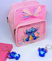 Kit Bolsinha infantil Menina Disney Lilo Stitch Mochila Bolso Zíper + Chaveiro com Boneco Miniatura Stitch 3D Presente
