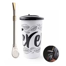 Kit Bomba Chimarrão 23cm Aço Niquelado Anel Cuia + Copo Plástico Tererê Tampa 450ml Branco - Taumer