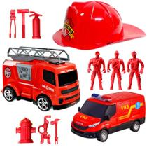 Kit Bombeiros Infantil Caminhão Levanta Escada Capacete Van Resgate e Bonecos