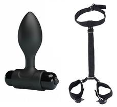 kit bondage algema punho e pescoço + plug anal com vibrador intenso bdsm