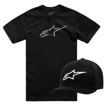 Kit Boné Camiseta Alpinestars Shadow Snapback Preto Branco Kit Boné Camiseta Alpinestars Shadow Snapback Preto Branco