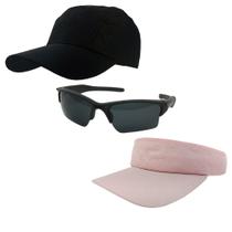 Kit Bone Preto E Viseira Rosa Claro Liso + 1 Oculos De Sol