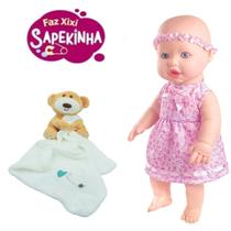 Kit Boneca Baby Faz Xixi de Verdade + Naninha Urso Pelúcia