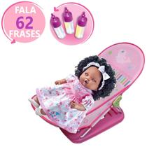 Kit Boneca Bebe Angelina Negra 62 Frases + Cadeirinha Rosa