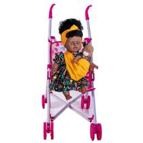 Kit Boneca Bebê Ayana Negra Com Filha +Carrinho Passeio Rosa