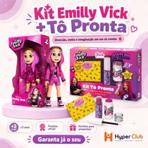 Kit Boneca Emilly Vick Dos Rosa 25cm Articulada + Tô Pronta Maquiagem Infantil Katlen Delineador Glitter Stick 3 em 1