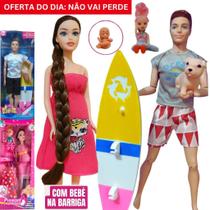 Kit Boneca Grávida e Boneco Casal + Bebê Na Barriga + Bonequinha, Acessorios Roupinhas, Prancha Surf