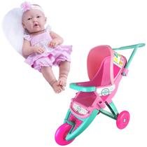 Kit Boneca Infantil Bebê Reborn 37cm E Carrinho Passeio 3 Rodas Baby Ninos Meninas Crianças Coloridos