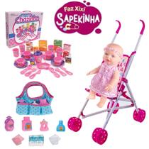 Kit Boneca que Faz Xixi de Verdade + Carrinho + Bolsa + Chá