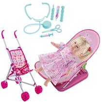 Kit Boneca Rafaeli 1ª Consulta +Bercinho e Carrinho Dobrável