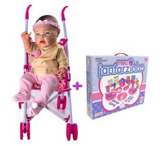 Kit Boneca Realista Reborn + Carrinho de Baby + Jantarzinho