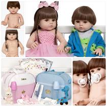 Kit Boneca Reborn Gêmeos Casal Cabelo Castanho Acessórios