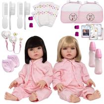 Kit Boneca Tipo Reborn Gêmeas Princesas Com Bolsa 38 Itens