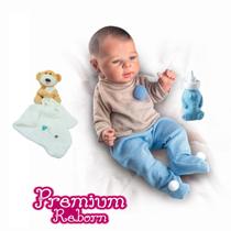 Kit Boneco Bebe Reborn Menino Azul + Naninha de Dormir Urso
