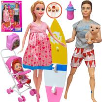 Kit Boneco e Boneca Grávida Com Bebê Na Barriga, Com Prancha de Surf Familia Aniversario, Natal, Ferias Escolares Presente