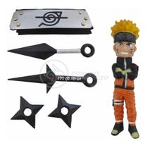 Kit Boneco Naruto 15Cm + 2 Shuriken + 1 Bandana + 2 Kunai