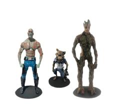 Kit Bonecos Estátua Groot Adulto Drax e Rocket Filme Guardiões da Galáxia 20cm Colecionável
