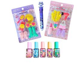 Kit Borrachas divertidas fofa com marca texto esmalte e caneta 10 cores