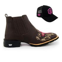 Kit Bota Botina Country Feminina Cano Curto Texas Gold Couro Marrom com Boné Trucker