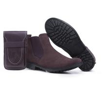 Kit Bota Botina Masculina Couro Com Porta Canivete e Celular