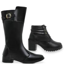 Kit Bota Cano Longo Montaria + Coturno Feminino Salto Grosso Antiderrapante Estilo e Elegância Kit Bota Cano Longo Montaria + Coturno Feminino Salto Grosso Antiderrapante Estilo e Elegância
