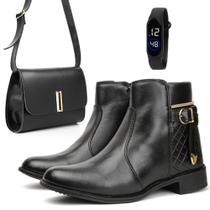 Kit Bota Casual Feminino Zíper Fivela Moda Elegante e Bolsa Transversal