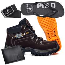 Kit Bota Cat Adventure Couro Carteira Cinto Chinelo Coturno trekking Trilha Pronta Entrega