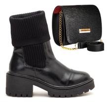 Kit Bota Chelsea Feminina Cano Meia E Couro Legitimo Blogueira + Bolsa Pequena