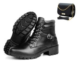 Kit Bota Coturno Feminina Tratorada Cano Baixo + Bolsa Preta Kit Bota Coturno Feminina Tratorada Cano Baixo + Bolsa Preta